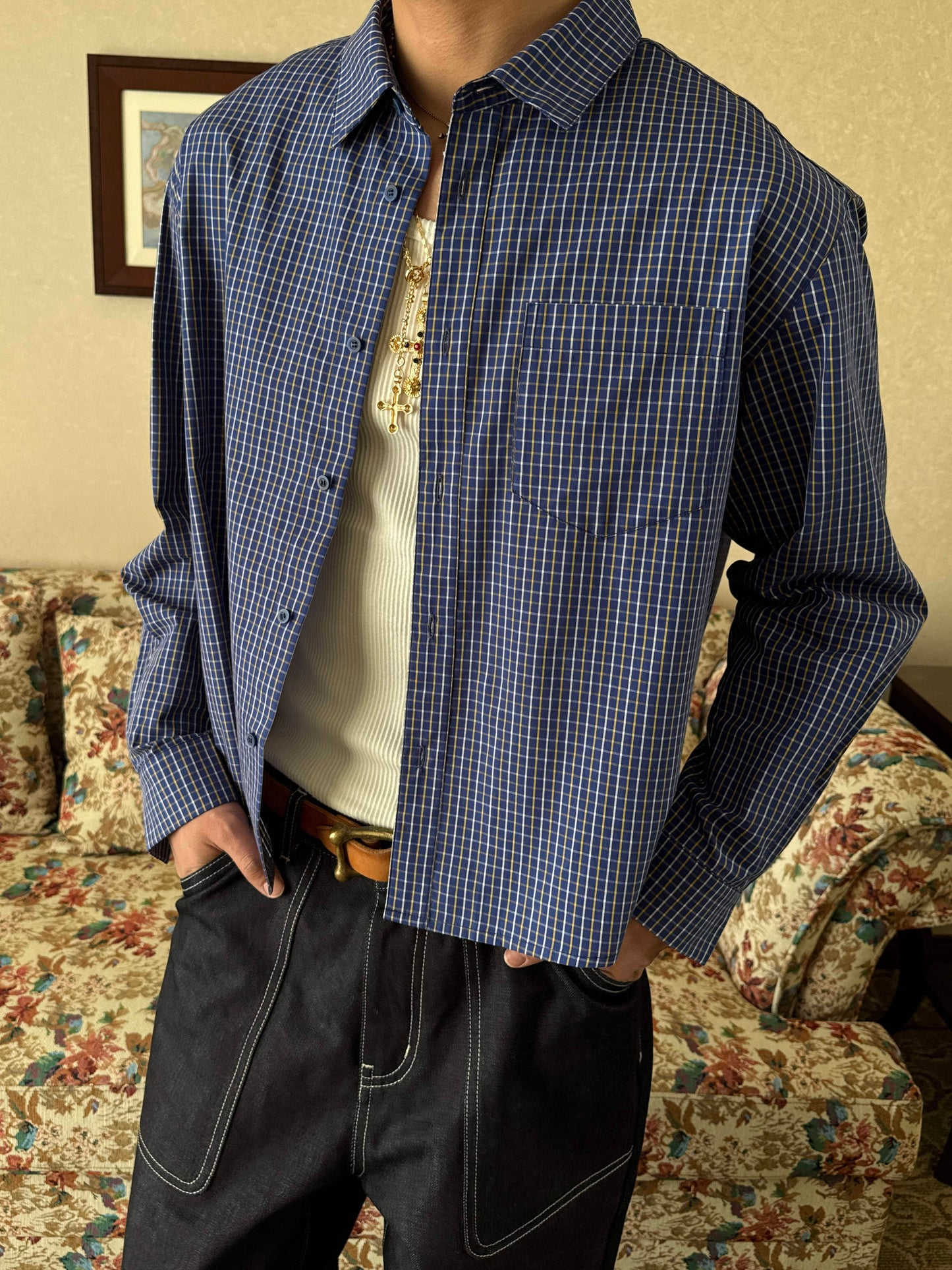 InsGale 25SS Blue and Yellow Relaxed Casual Loose-fitting Plaid Short-length Boxy Long-sleeved Shirt