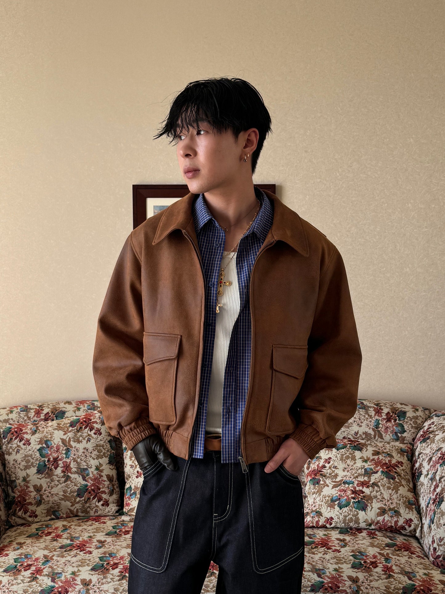 InsGale 25SS Blue and Yellow Relaxed Casual Loose-fitting Plaid Short-length Boxy Long-sleeved Shirt