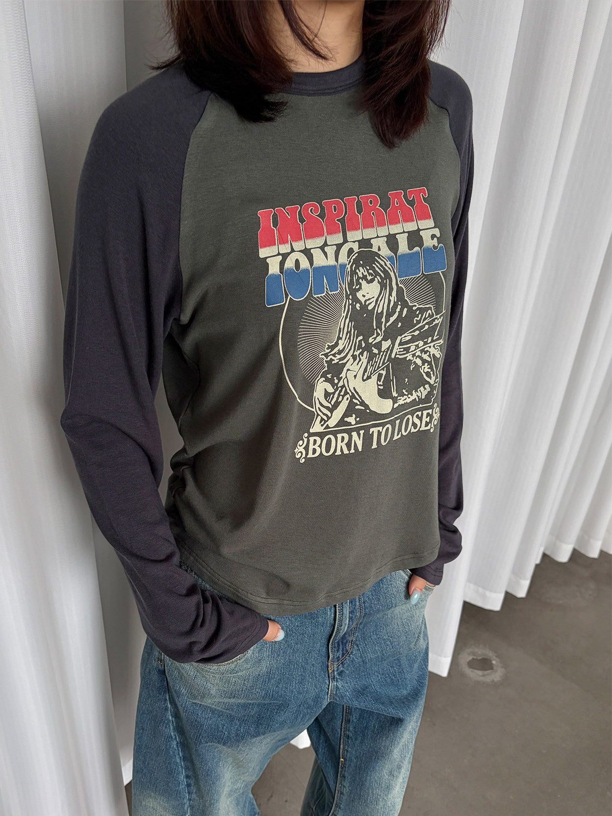 InsGale 26AW 撞色吉他印花插肩袖長T