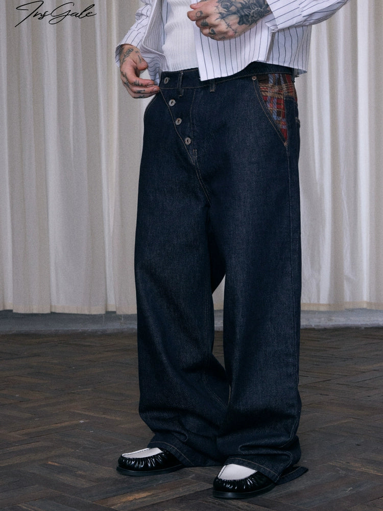 InsGale 25AW 斜門襟原牛拼格紋拼接直筒長褲