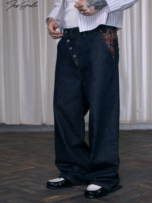 InsGale 25AW 斜門襟原牛拼格紋拼接直筒長褲