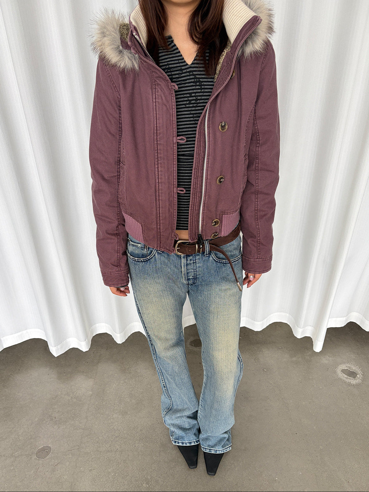 InsGale 26AW 漿果色做舊毛領派克外套