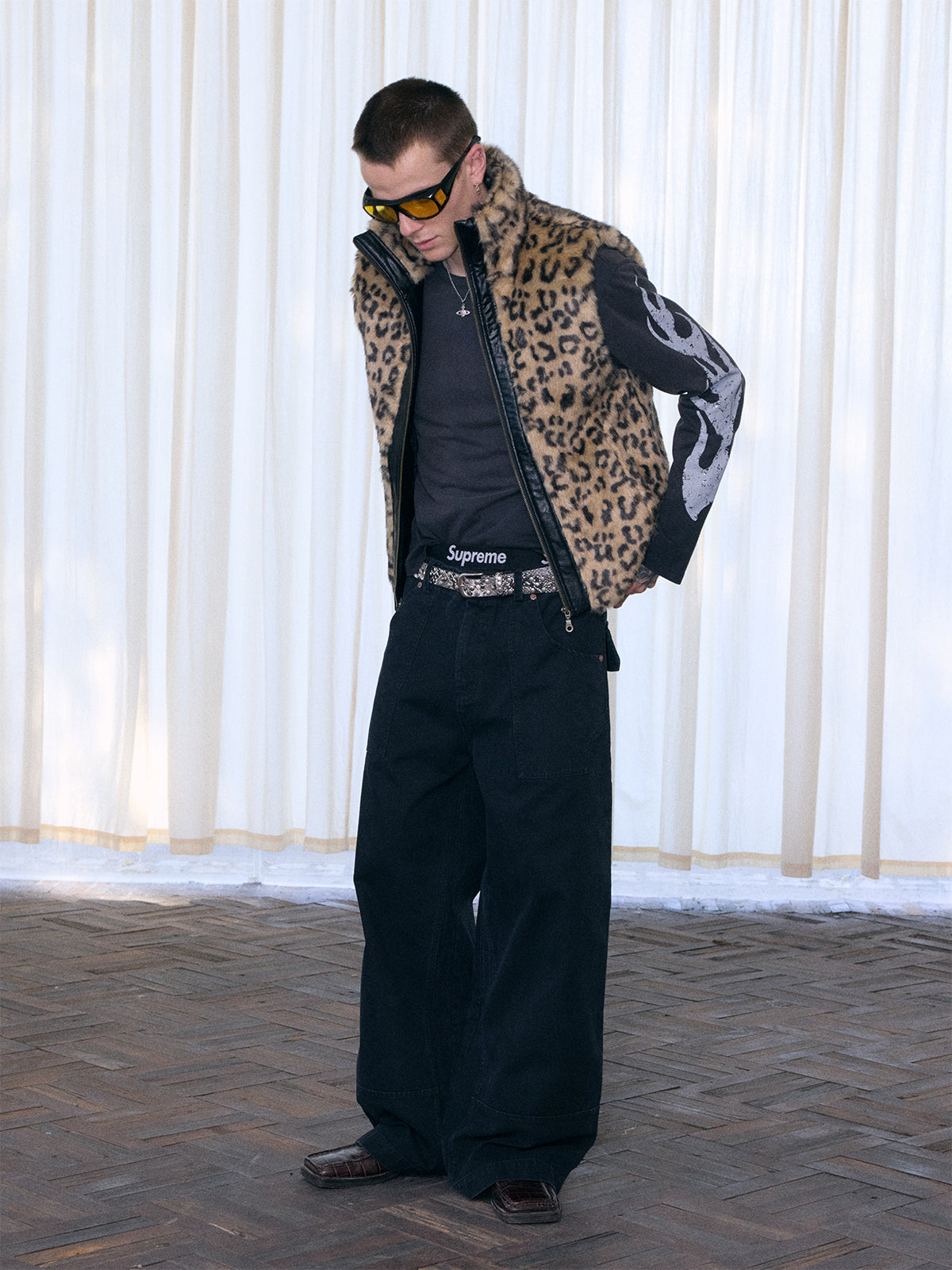 InsGale 25AW 豹紋拼仿皮棉服背心