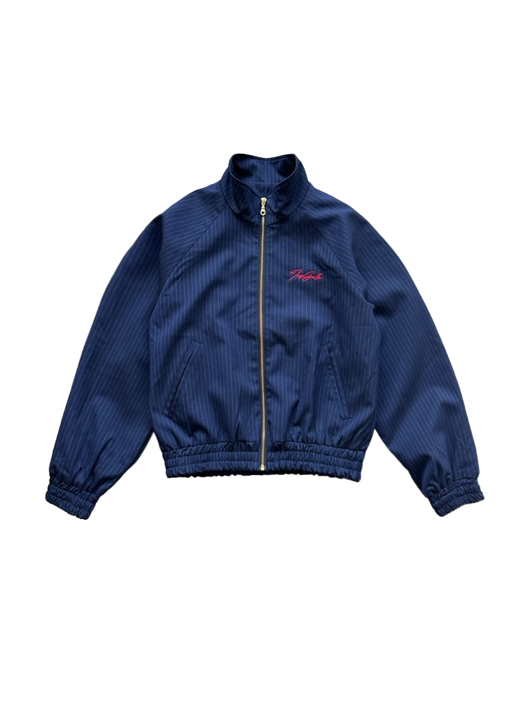 InsGale 25AW 藏青條紋刺繡立領拉鍊短款夾克
