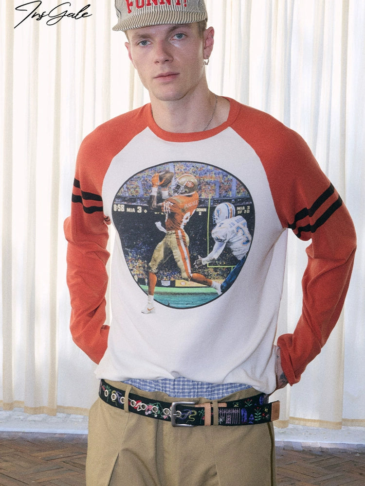 InsGale 25AW 白橘色撞色復古長袖Ｔ