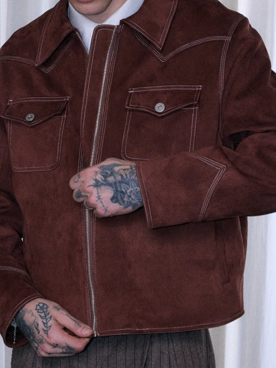 InsGale 25AW 紅棕色硬挺短寬BOXY麂皮夾克