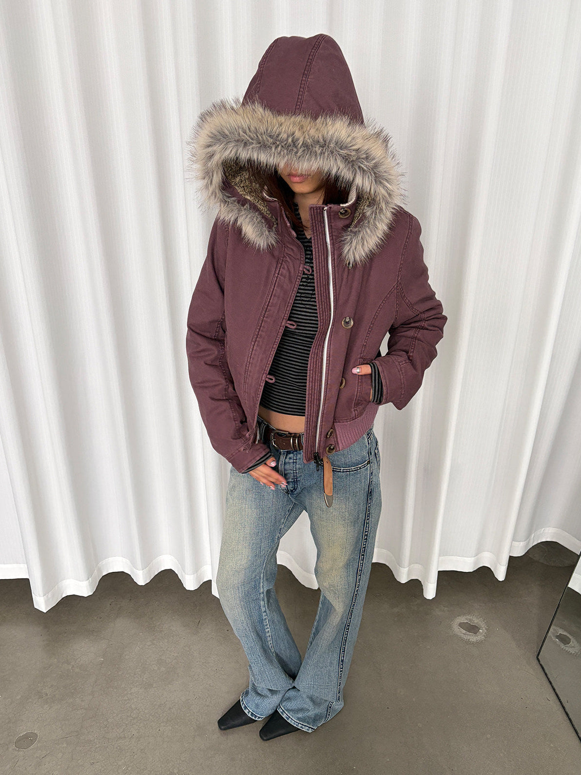 InsGale 26AW 漿果色做舊毛領派克外套