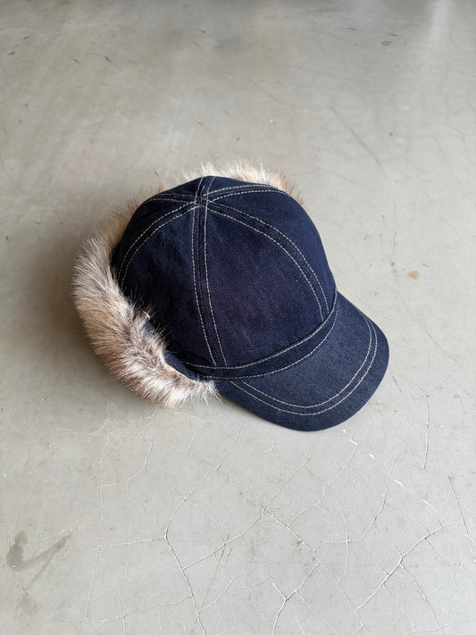 InsGale 25AW Raw Denim Curved Brim Hat with Plush Earm Covers and Warm Lei Feng Hat 