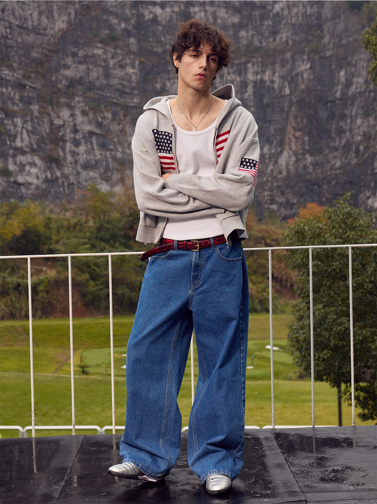 InsGale 25AW 水洗深藍色復古原牛小狗刺繡直筒牛仔褲