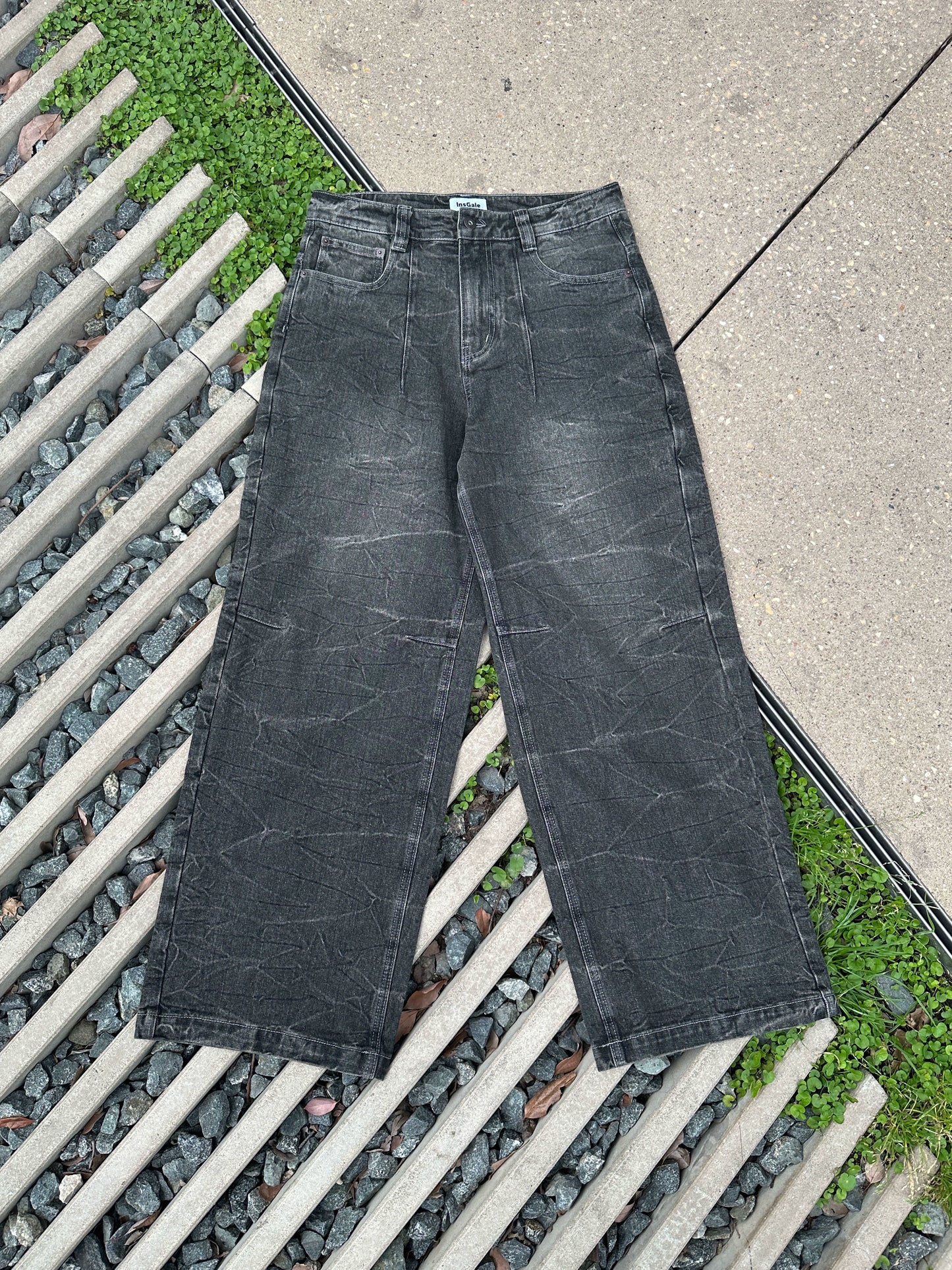 InsGale水波紋黑色水洗闊腿Baggy牛仔褲