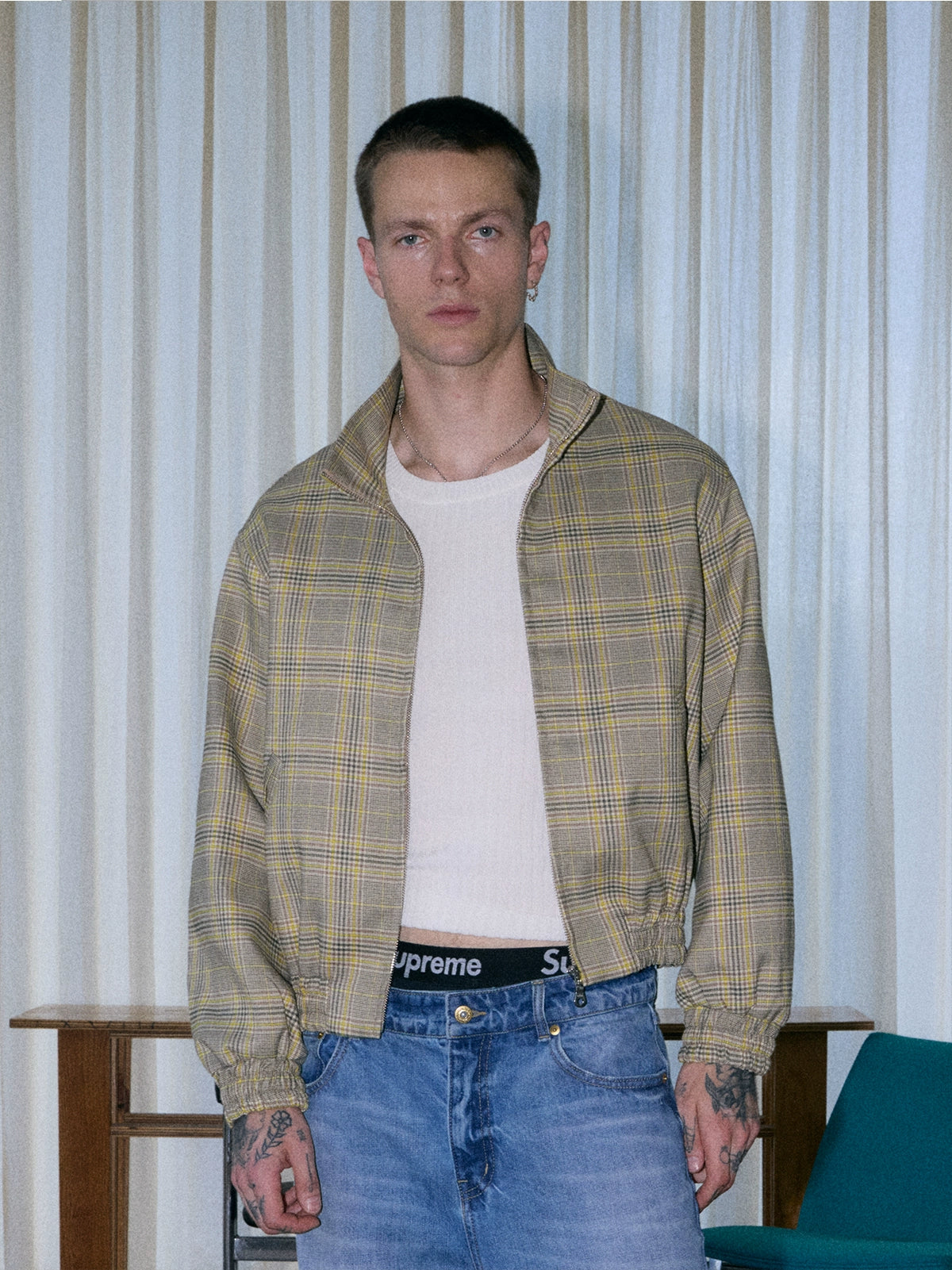 InsGale 25AW 亮黃色千鳥格短款拉鍊立領夾克