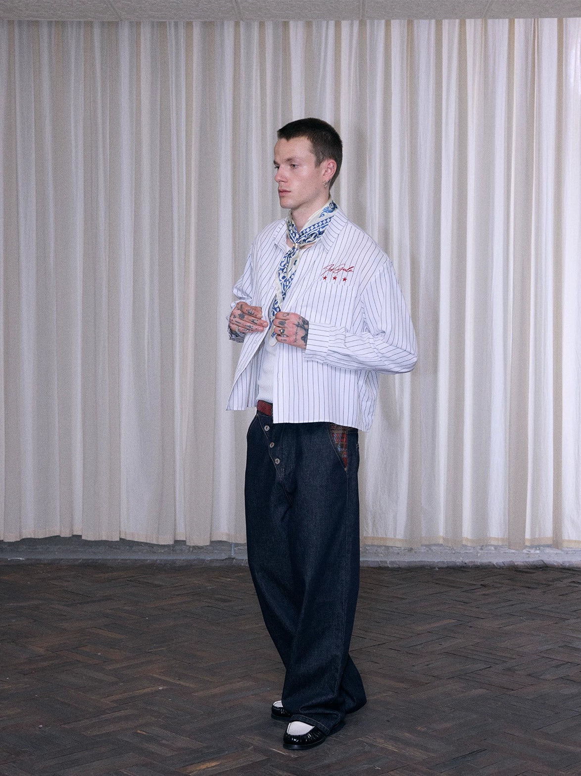 InsGale 25AW 黑白條紋刺繡翻領襯衫