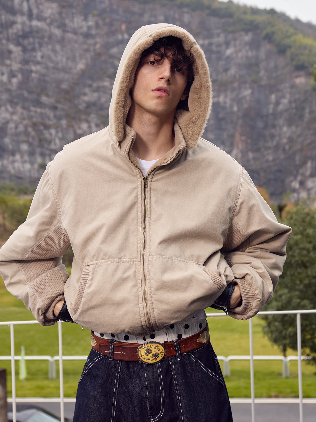 InsGale 25AW 杏色連帽水貂毛座山貂加絨加厚棉服外套