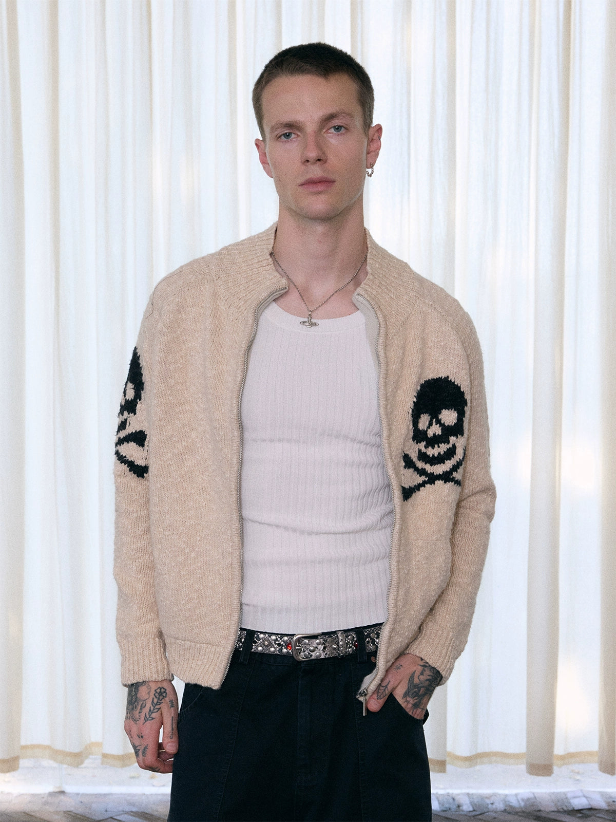 InsGale 25AW 骷髏粗針織羊毛拉鏈毛衣