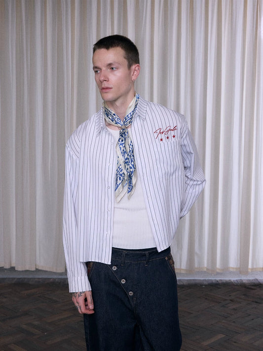 InsGale 25AW 黑白條紋刺繡翻領襯衫