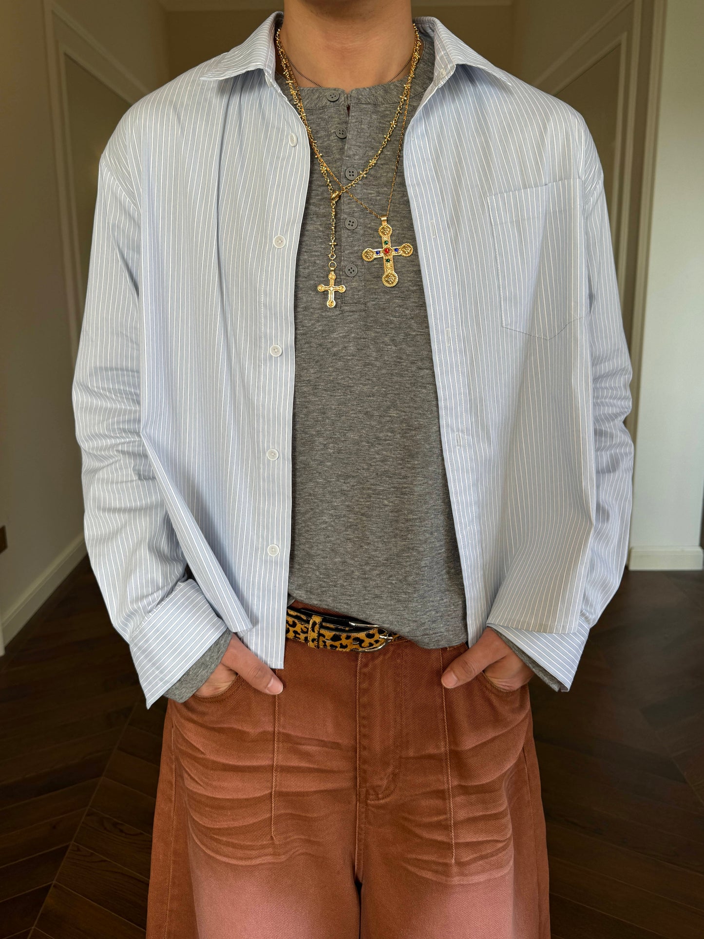 InsGale 25SS 藍灰色慵懶休閒寬短長袖襯衫