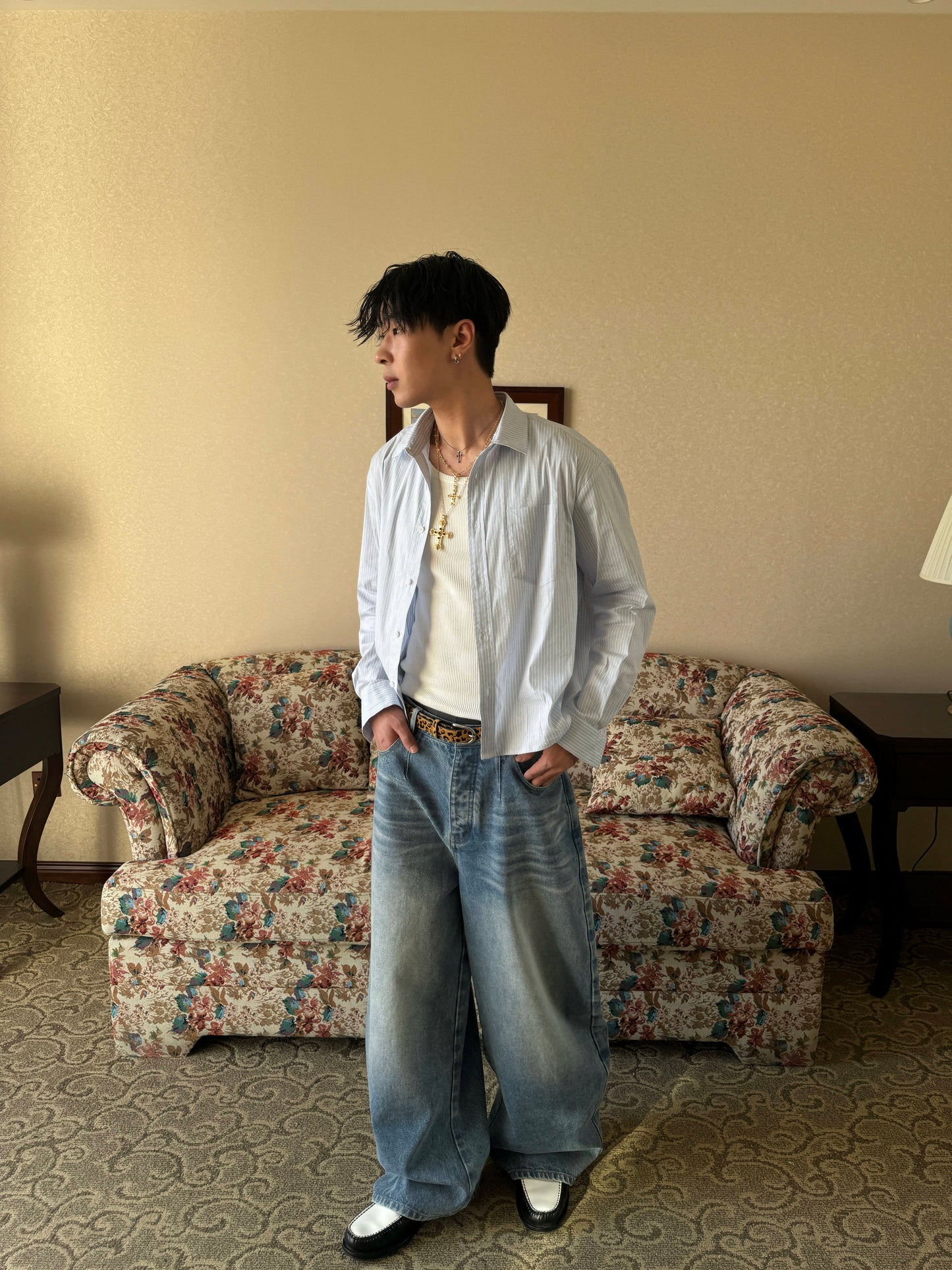 InsGale 25SS 藍灰色慵懶休閒寬短長袖襯衫