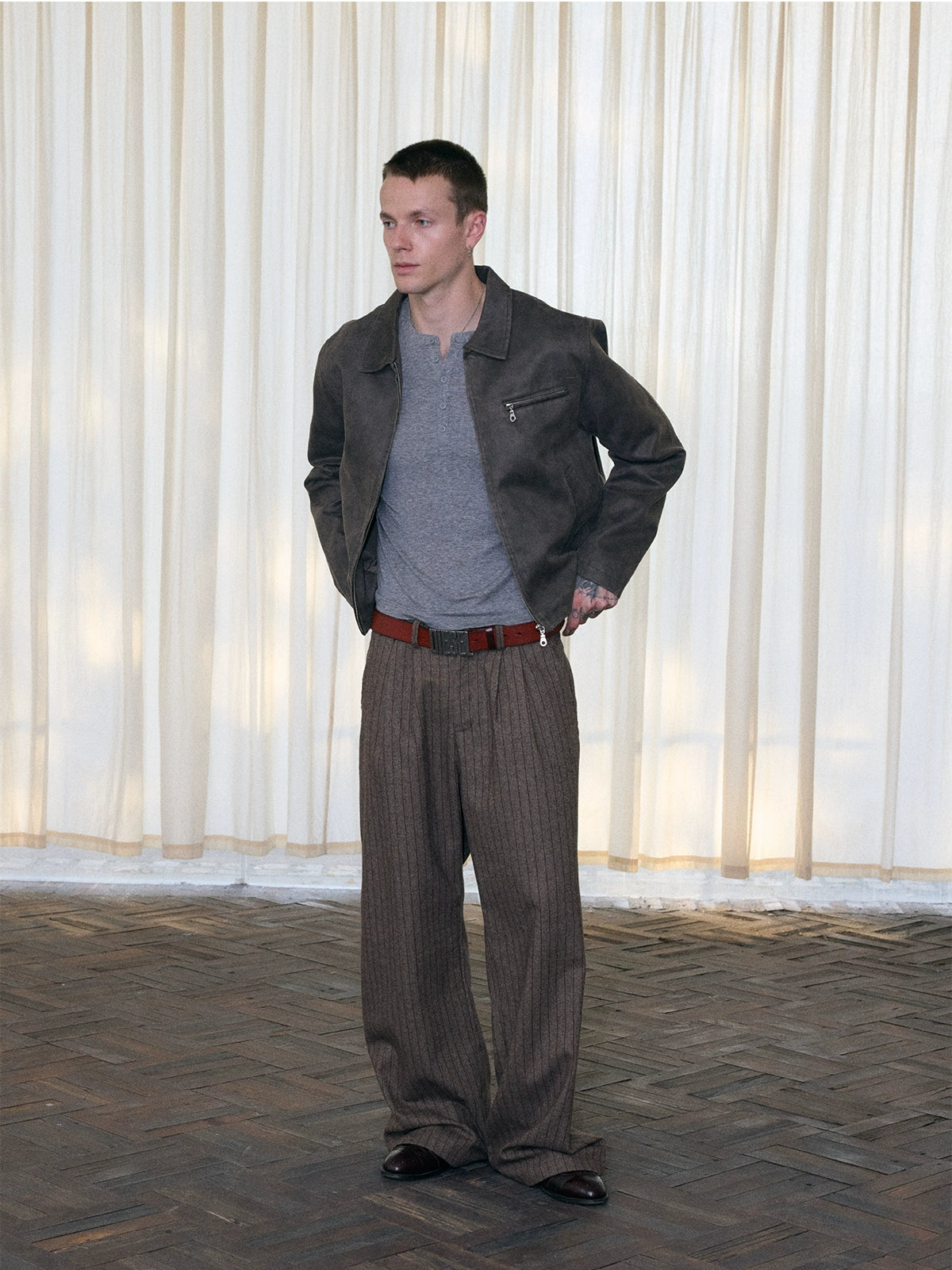 InsGale 25AW 羊毛咖紅條紋打褶A字微喇西裝長褲