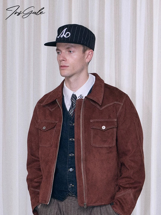 InsGale 25AW 紅棕色硬挺短寬BOXY麂皮夾克