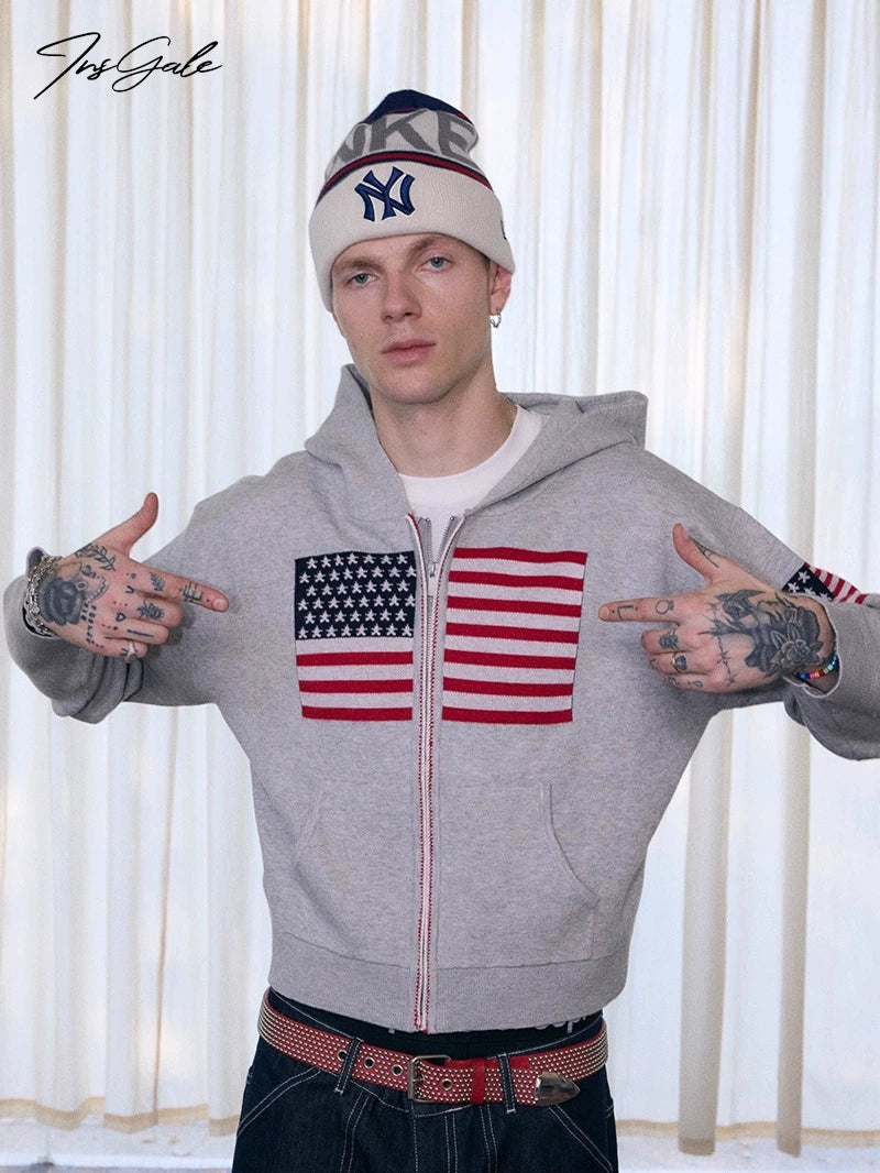 InsGale 25AW 美國國旗刺繡針織連帽外套