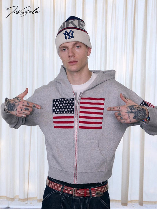 InsGale 25AW 美國國旗刺繡針織連帽外套