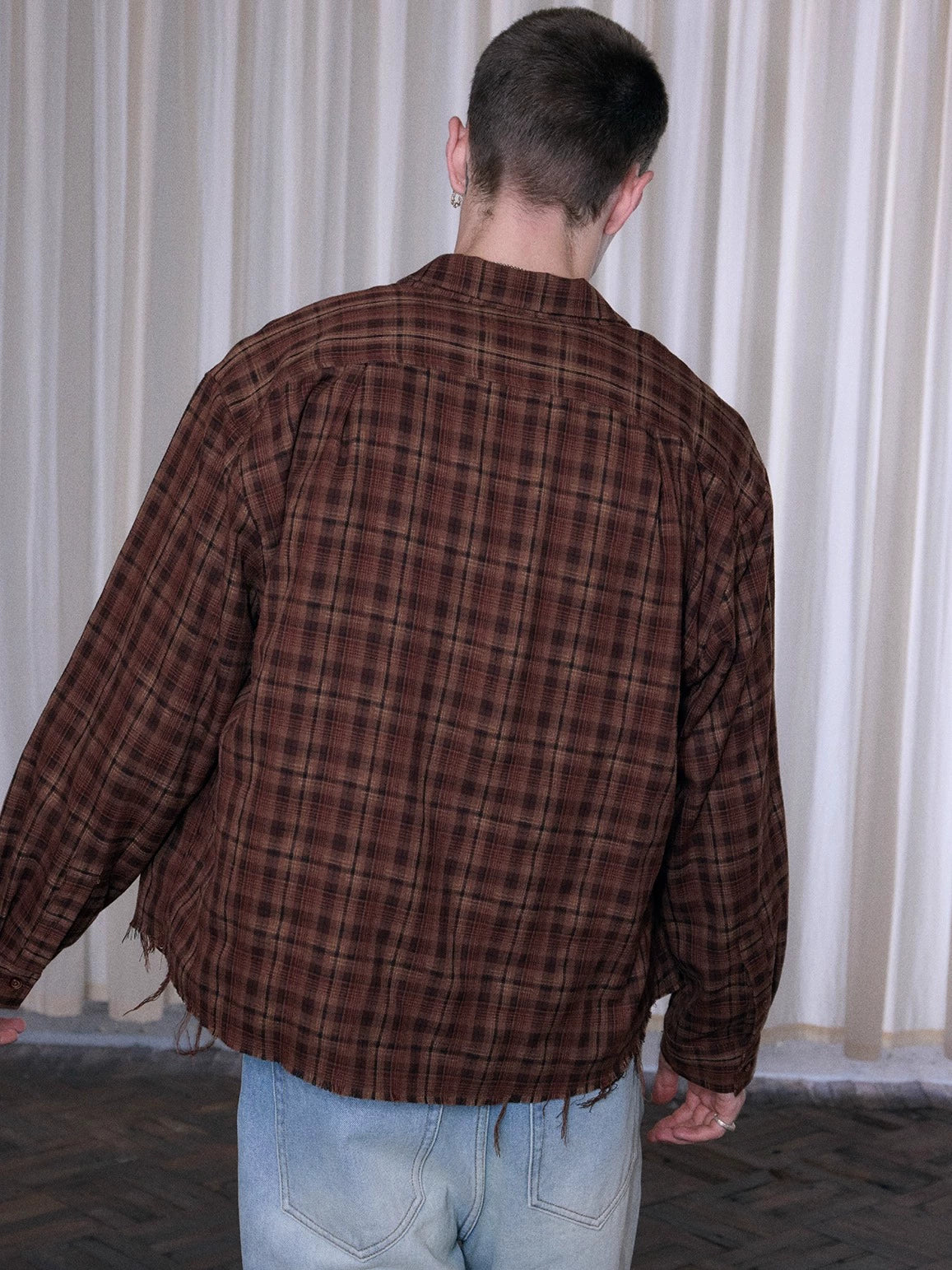 InsGale 25AW 棕色格紋寬鬆流蘇短寬長袖襯衫