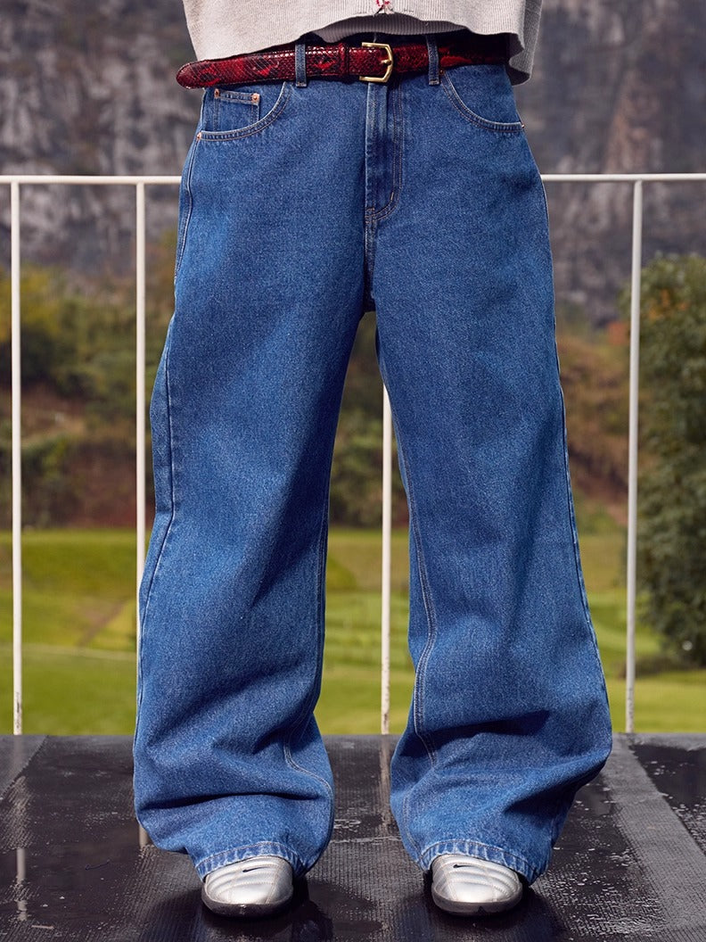 InsGale 25AW 水洗深藍色復古原牛小狗刺繡直筒牛仔褲