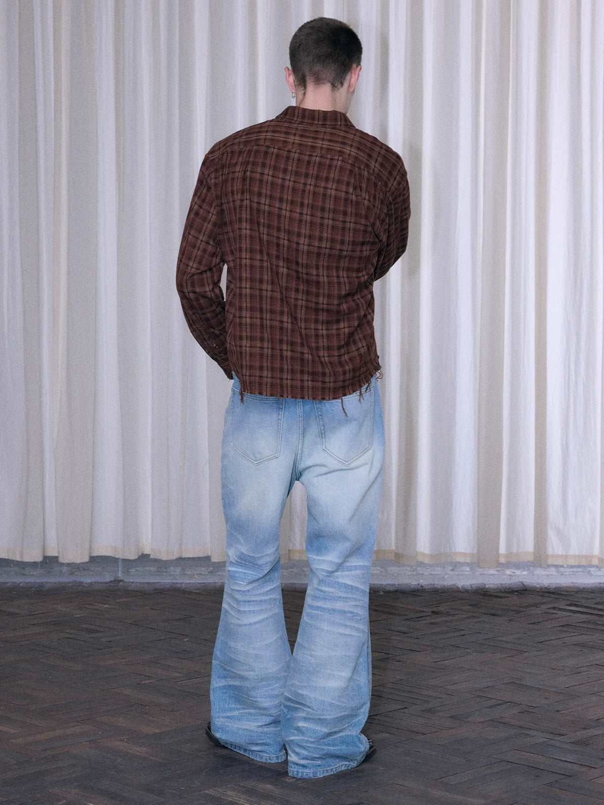 InsGale 25AW 棕色格紋寬鬆流蘇短寬長袖襯衫