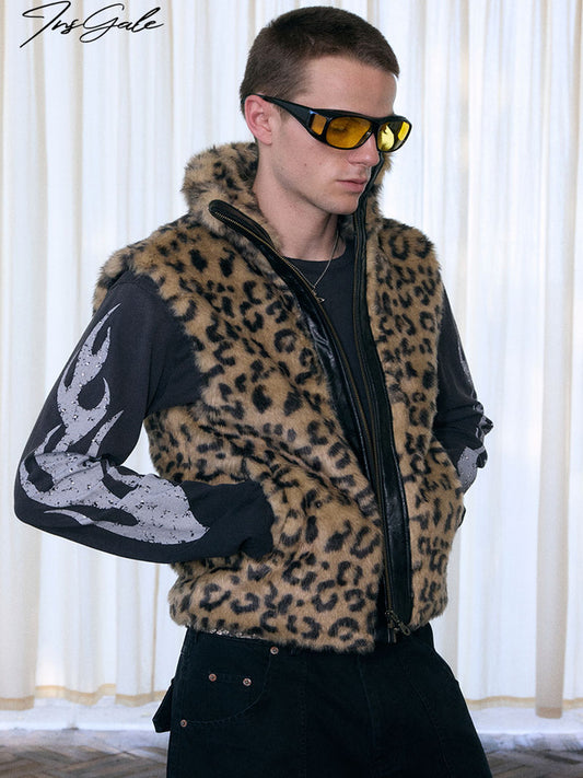 InsGale 25AW 豹紋拼仿皮棉服背心