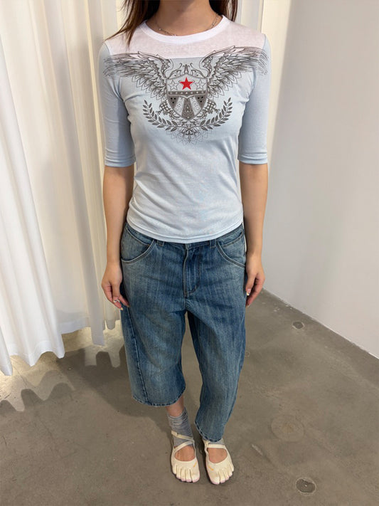 InsGale 26SS 復古飛鷹印花修身五分袖T