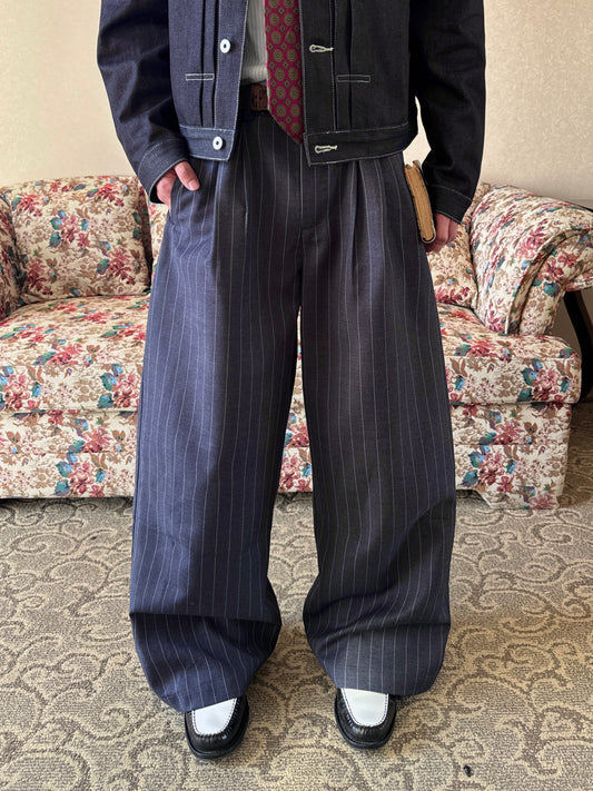 InsGale 25SS 彎刀廓形打褶立體闊腿垂墜感寬條紋西褲