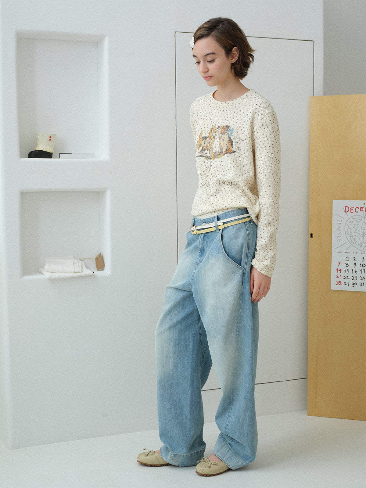 InsGale 26SS 華夫格碎花小狗長袖Tee