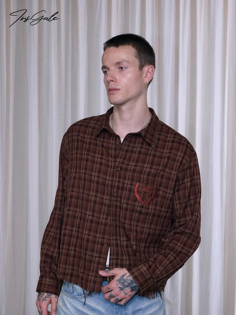 InsGale 25AW 棕色格紋寬鬆流蘇短寬長袖襯衫