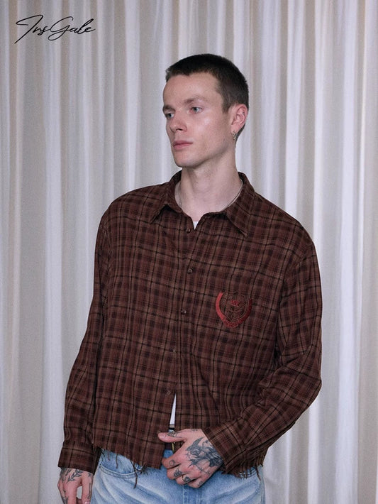 InsGale 25AW 棕色格紋寬鬆流蘇短寬長袖襯衫