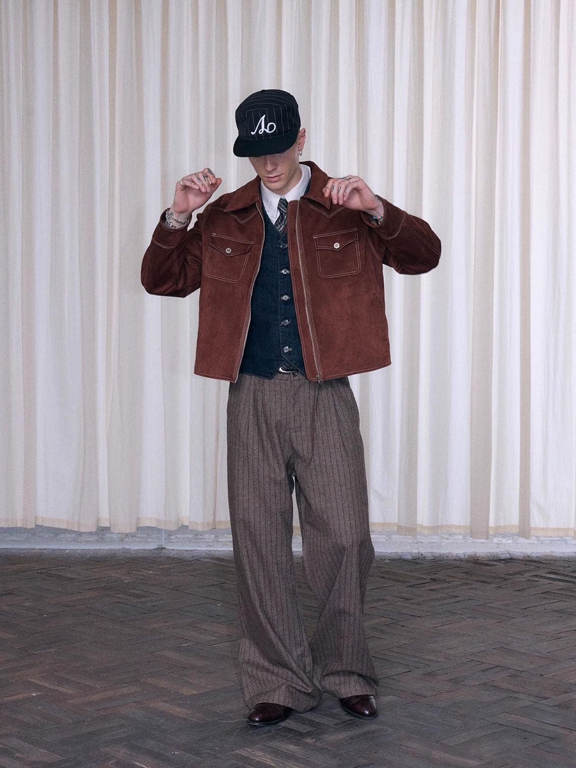 InsGale 25AW 羊毛咖紅條紋打褶A字微喇西裝長褲