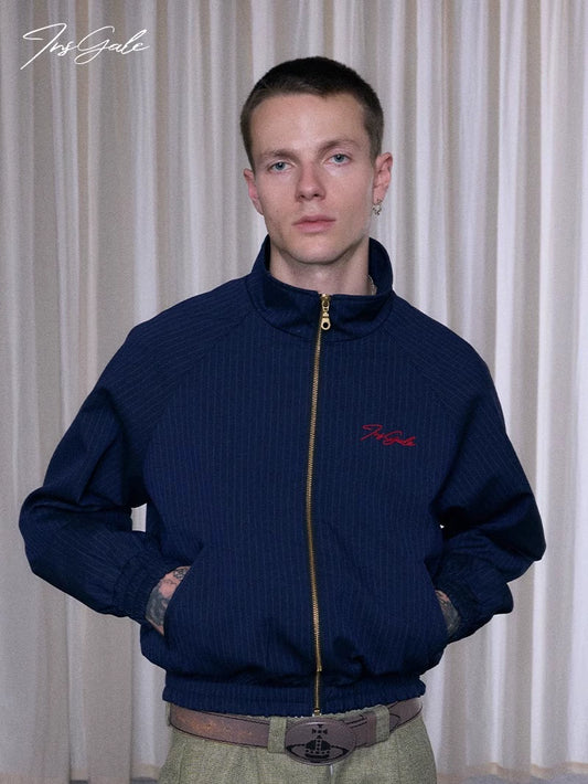 InsGale 25 AW 藏青條紋刺繡立領拉鍊短款夾克