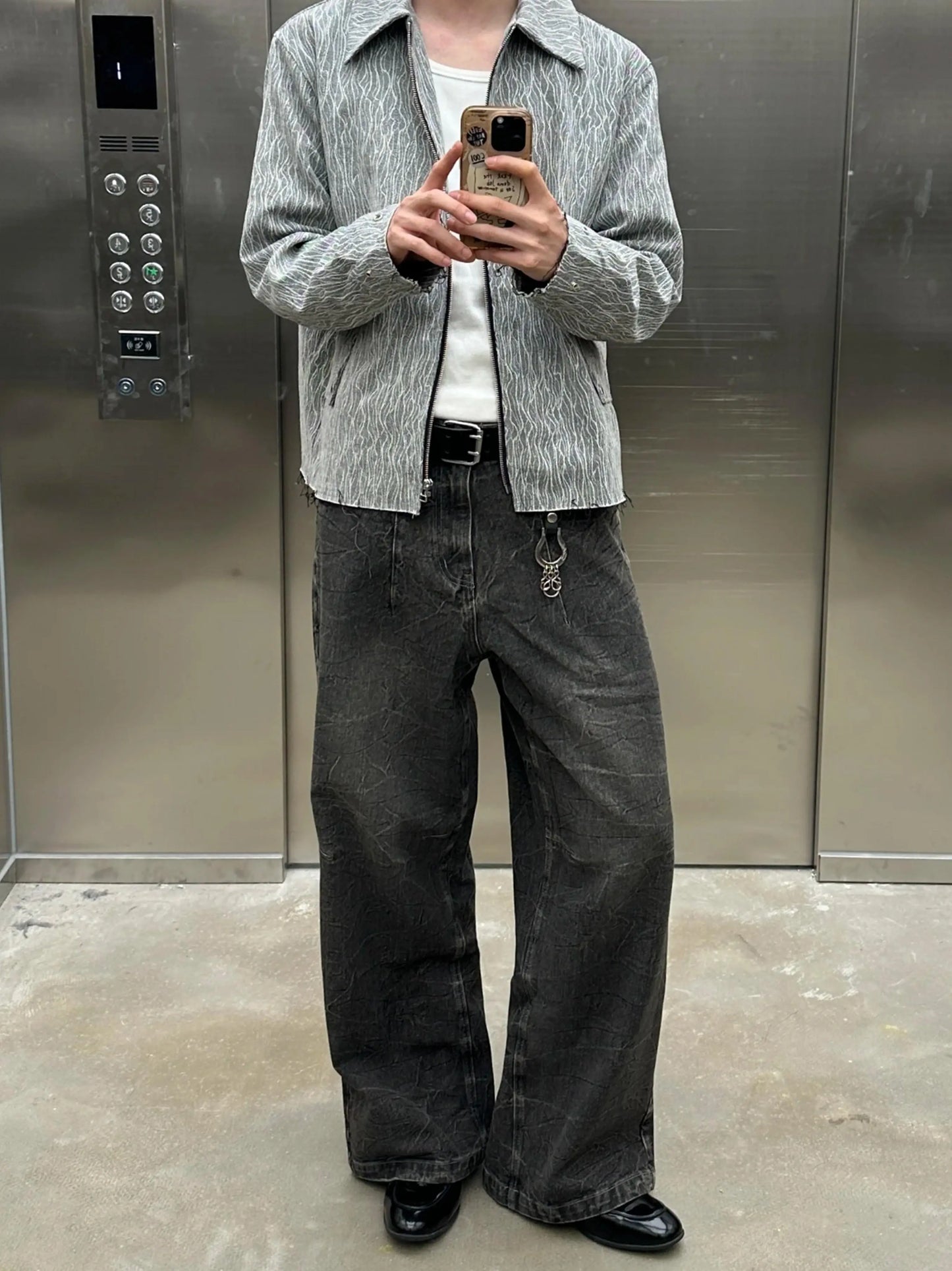 InsGale水波紋黑色水洗闊腿Baggy牛仔褲