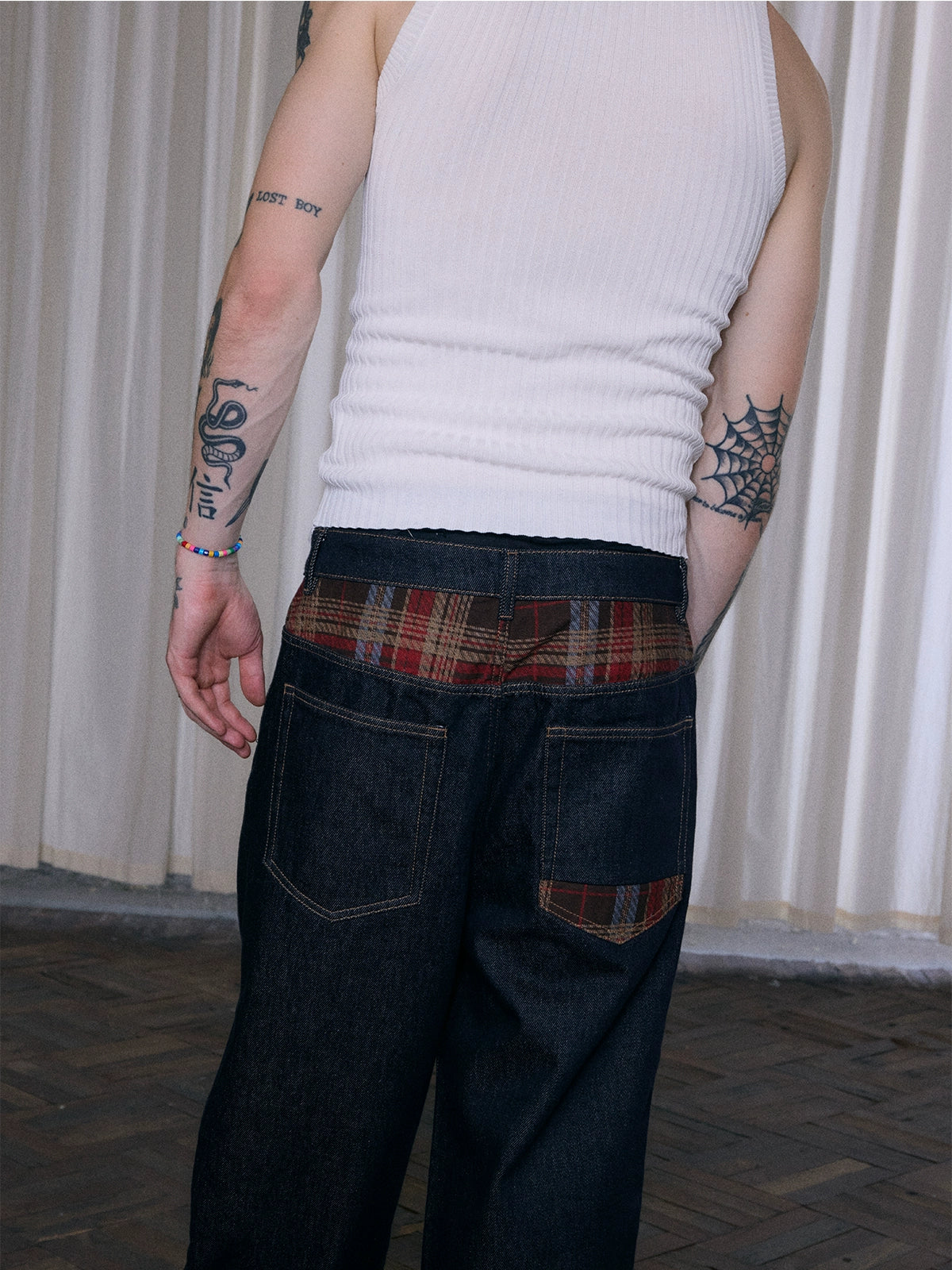 InsGale 25AW 斜門襟原牛拼格紋拼接直筒長褲