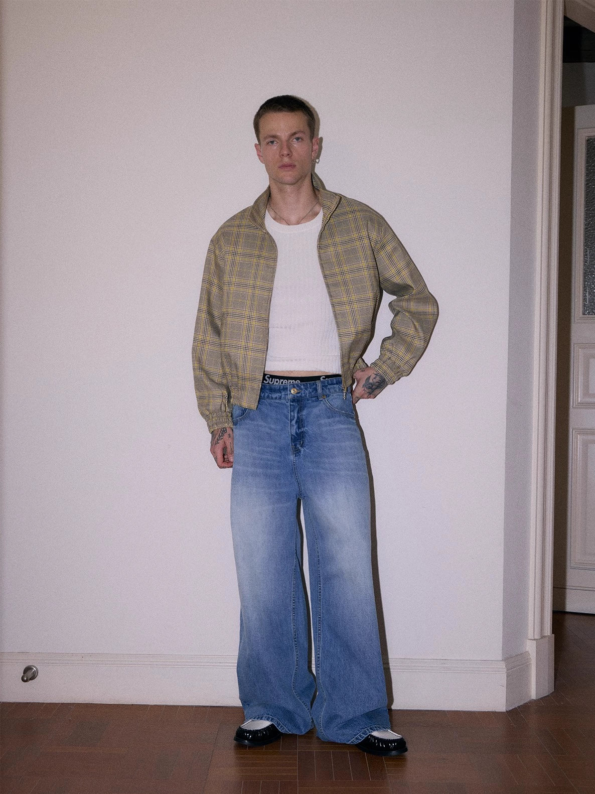 InsGale 25AW 亮黃色千鳥格短款拉鍊立領夾克