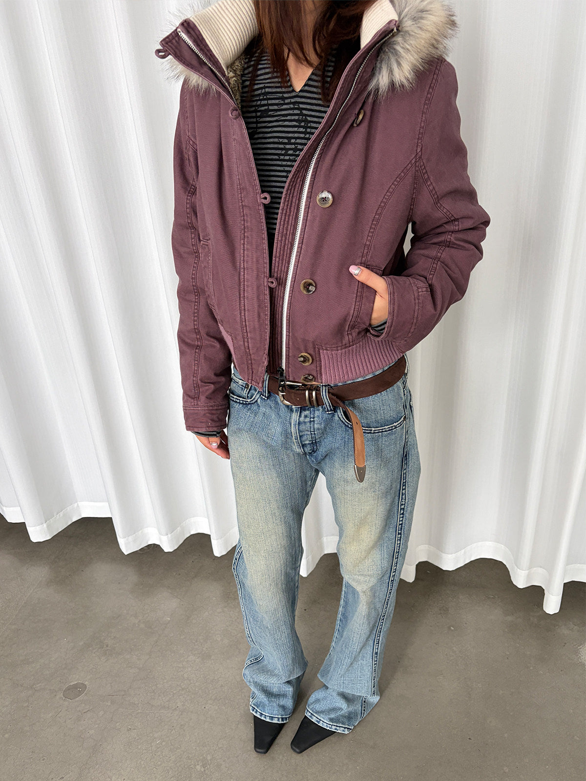 InsGale 26AW 漿果色做舊毛領派克外套