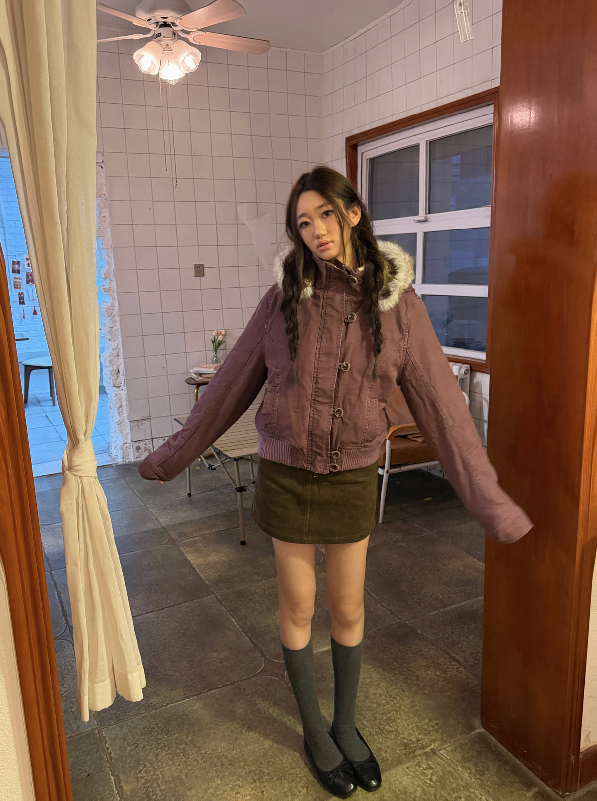 InsGale 26AW 漿果色做舊毛領派克外套