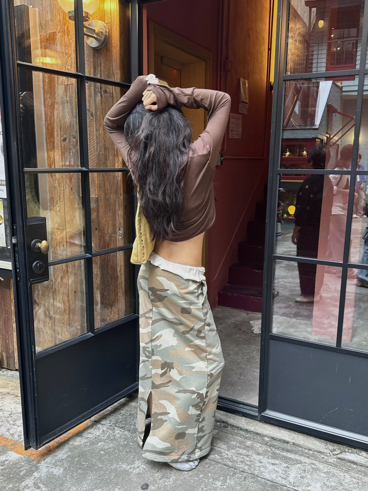 InsGale 26AW Camouflage Drawstring Knit Straight-Cut Midi Skirt